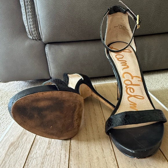 Sam Edelman Heels Size 7.5 Eleanor Black Snake Print Ankle Buckle Strap Open Toe - Picture 9 of 10